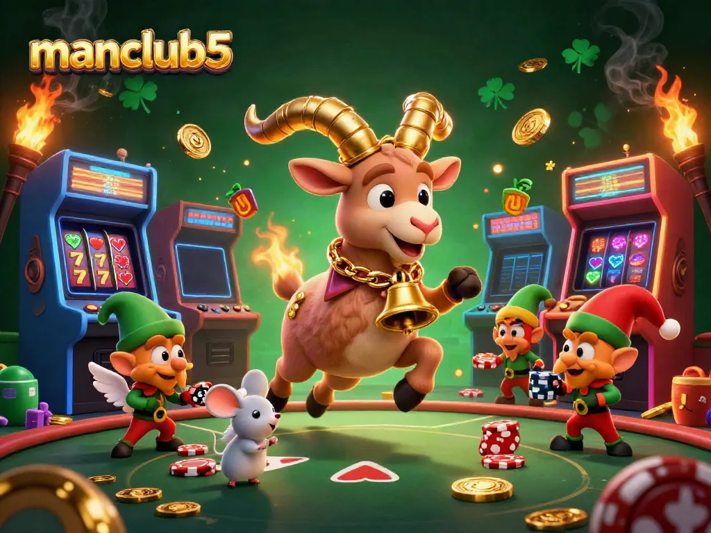Experience the festive chaos of manclub5 casino with a Krampus goat, angel mouse, and mischievous gremlins.