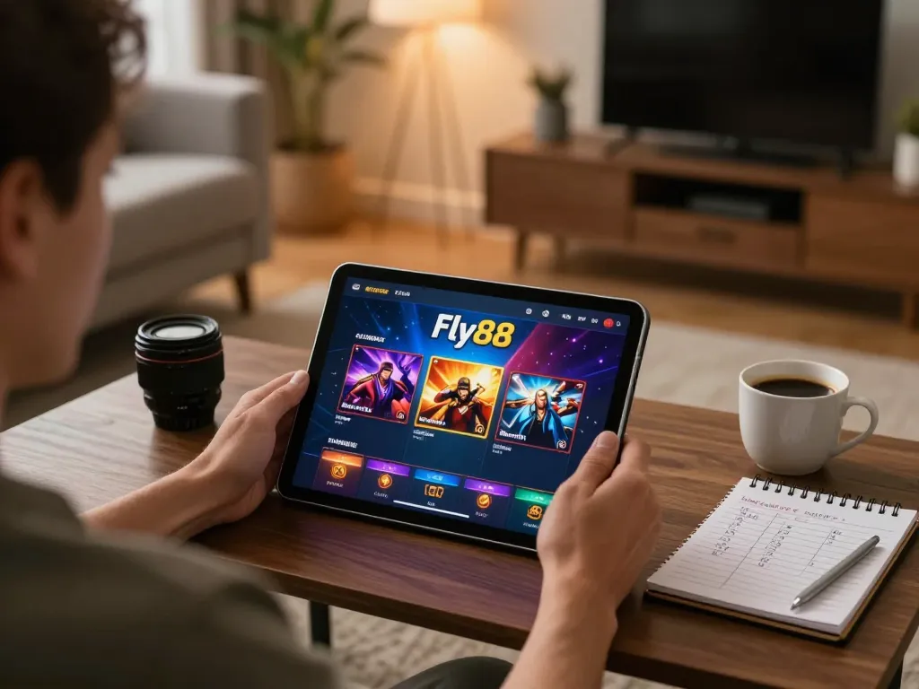Engaging with Fly88 gaming app on tablet in cozy home environment