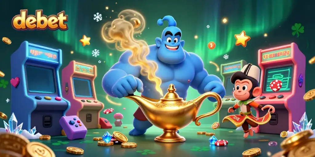 Experience the excitement of debet with a vibrant casino-themed illustration featuring a genie, monkey, and magic carpet.