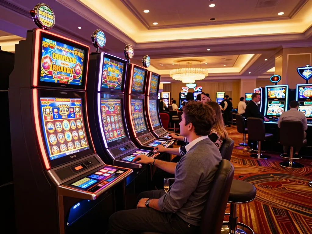 Experience thrilling gameplay at https://va88.now/ with players at vibrant slot machines celebrating wins.