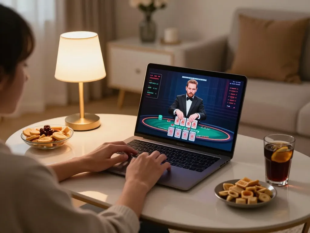 SV66 player enjoying live dealer blackjack on modern laptop in a cozy atmosphere