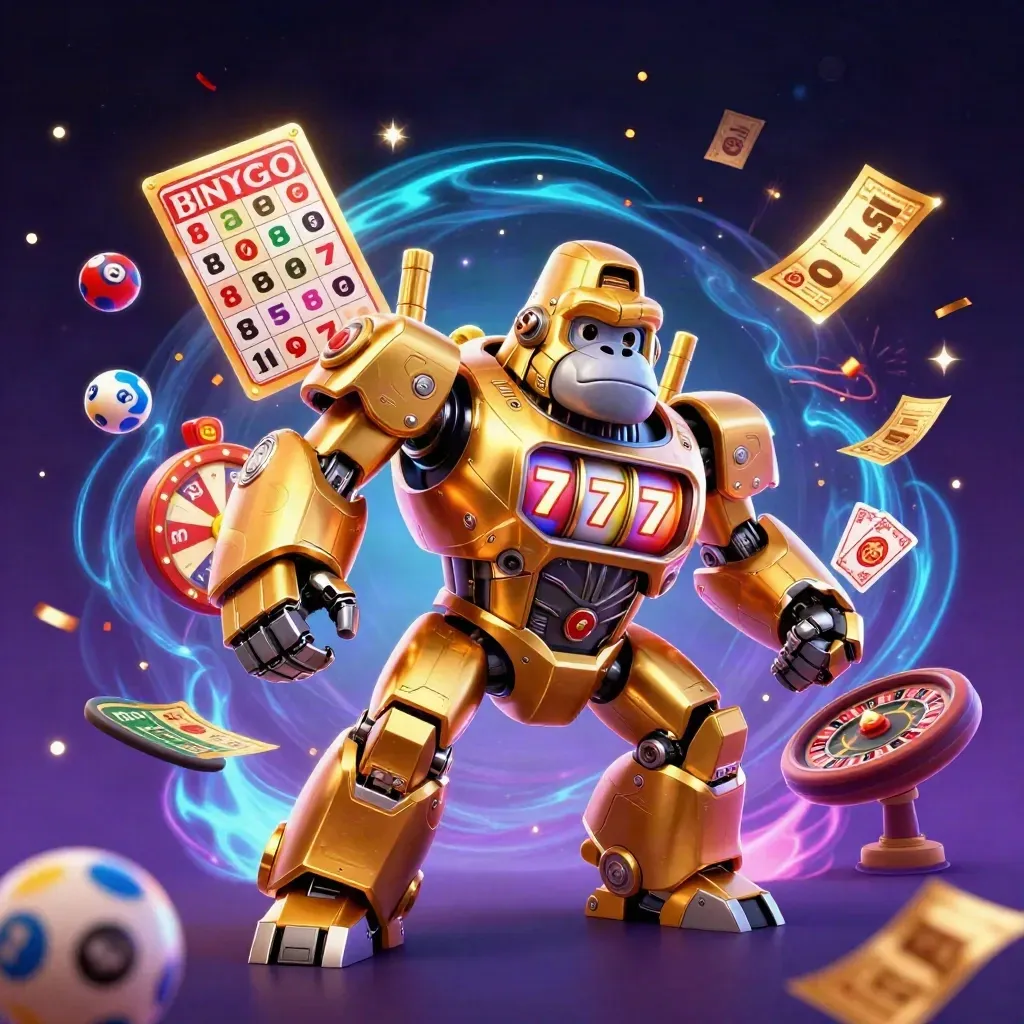 Golden gorilla mech with monkey pilot amid casino symbols, sparks, and neon energy.