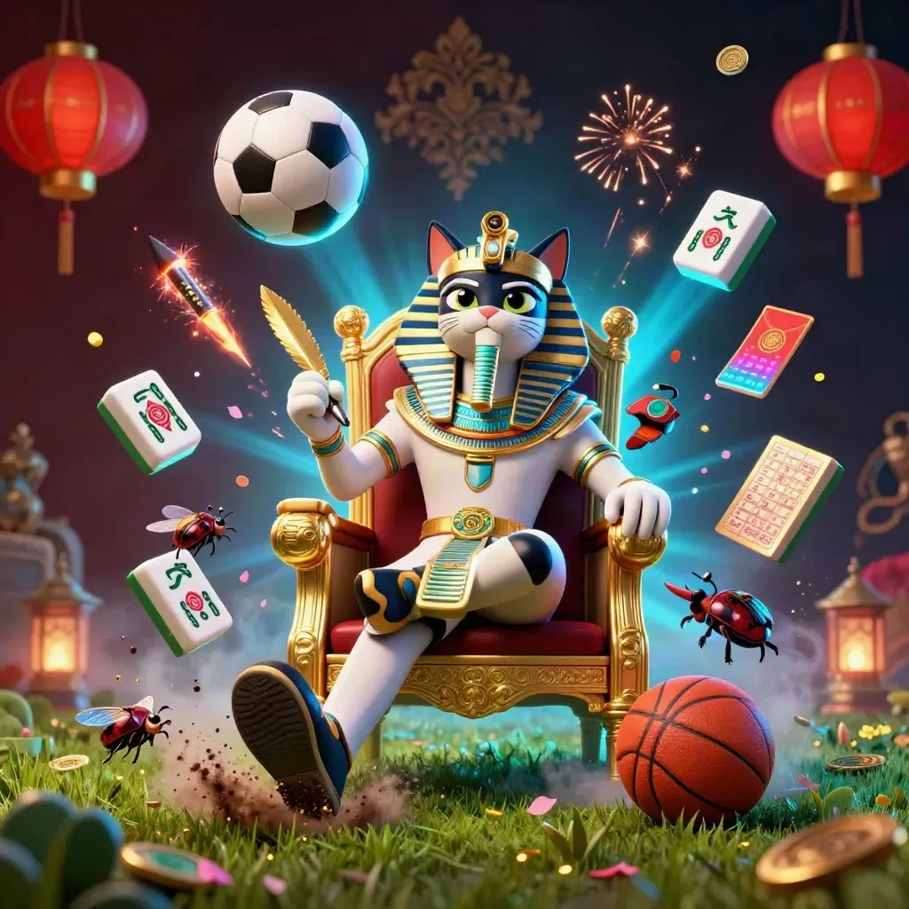 Pharaoh cat, ibis, and scarabs amid a soccer kick burst with casino props and neon light