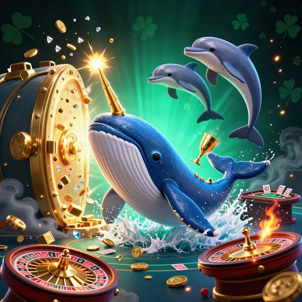 Whale captain, narwhal, and dolphins burst from coins beside a glowing vault door and casino treasures.