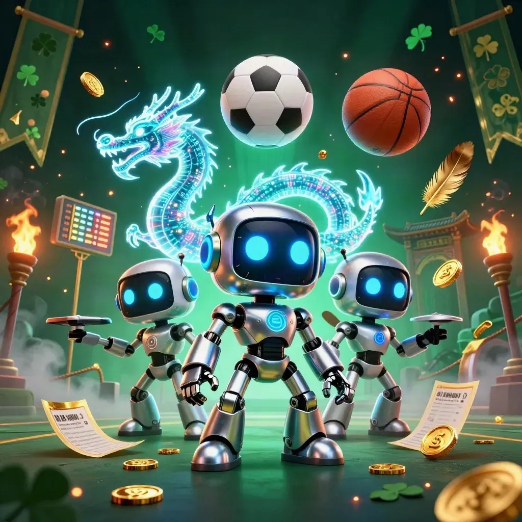 Chrome robot, holographic dragon, and drone amid flying sports balls in a neon casino arena.