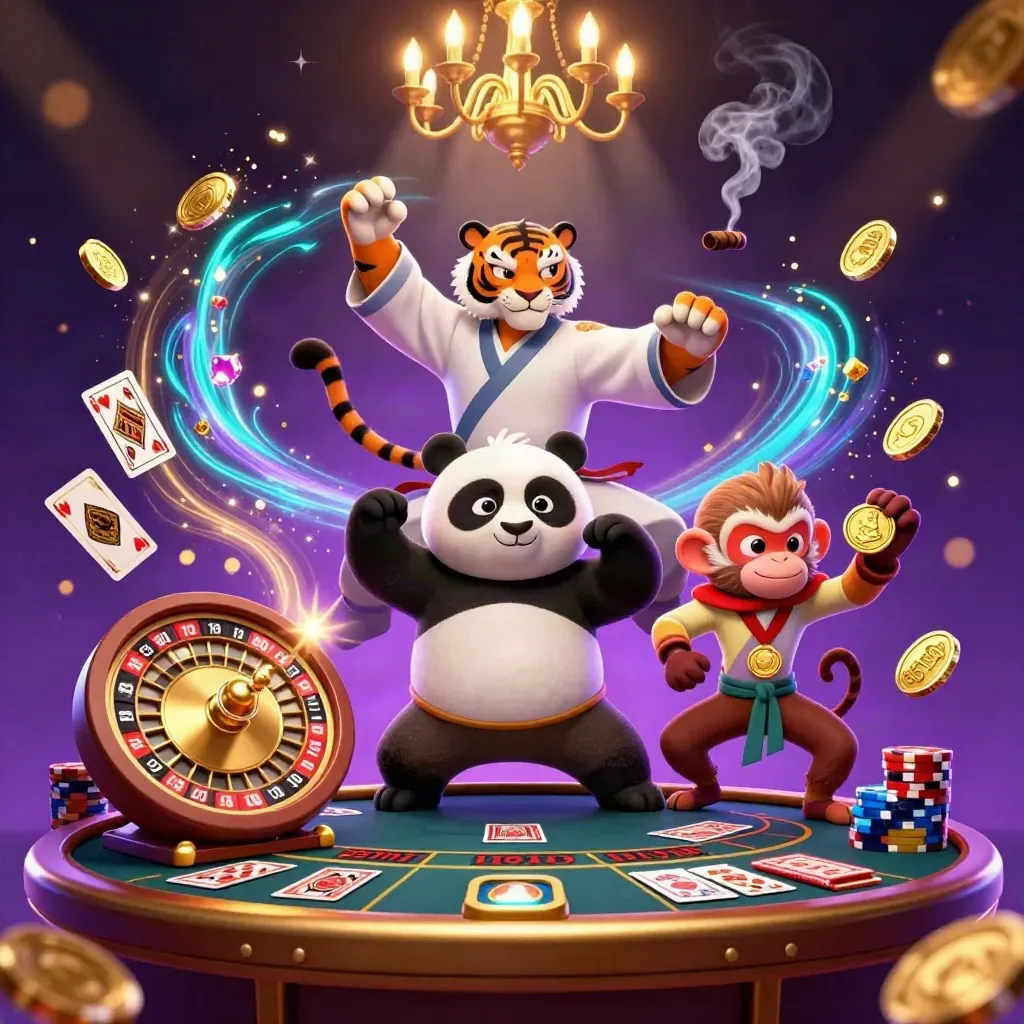 Kung-fu tiger, panda, and monkey in neon casino chaos with coins, chips, cards, and a spinning wheel.