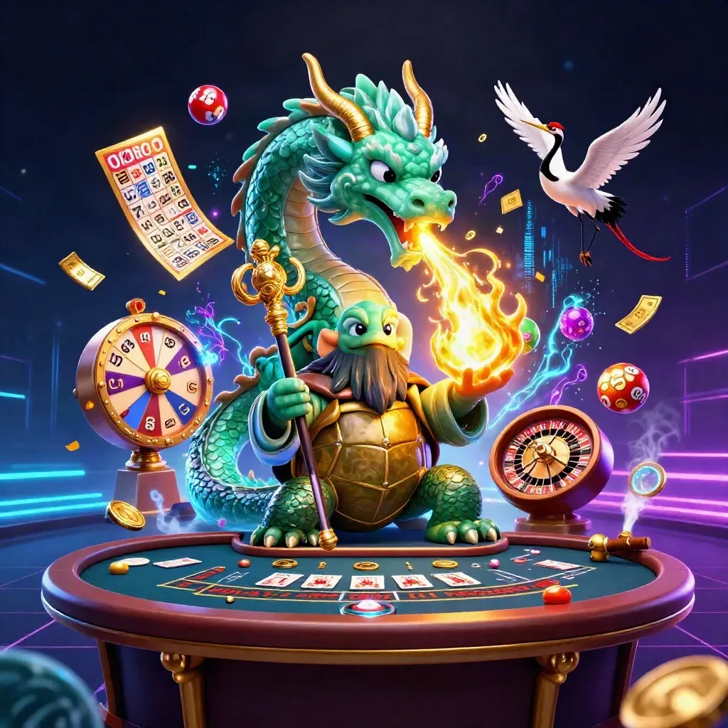 Emerald dragon, turtle sage, cranes and casino icons burst in neon light over a dark grid.