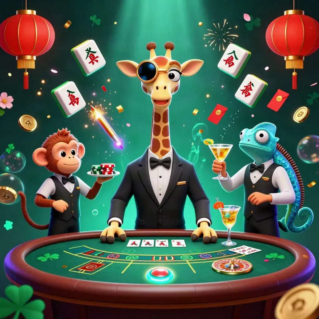 Giraffe high roller, monkey valet, and chameleon bartender in a neon casino scene.
