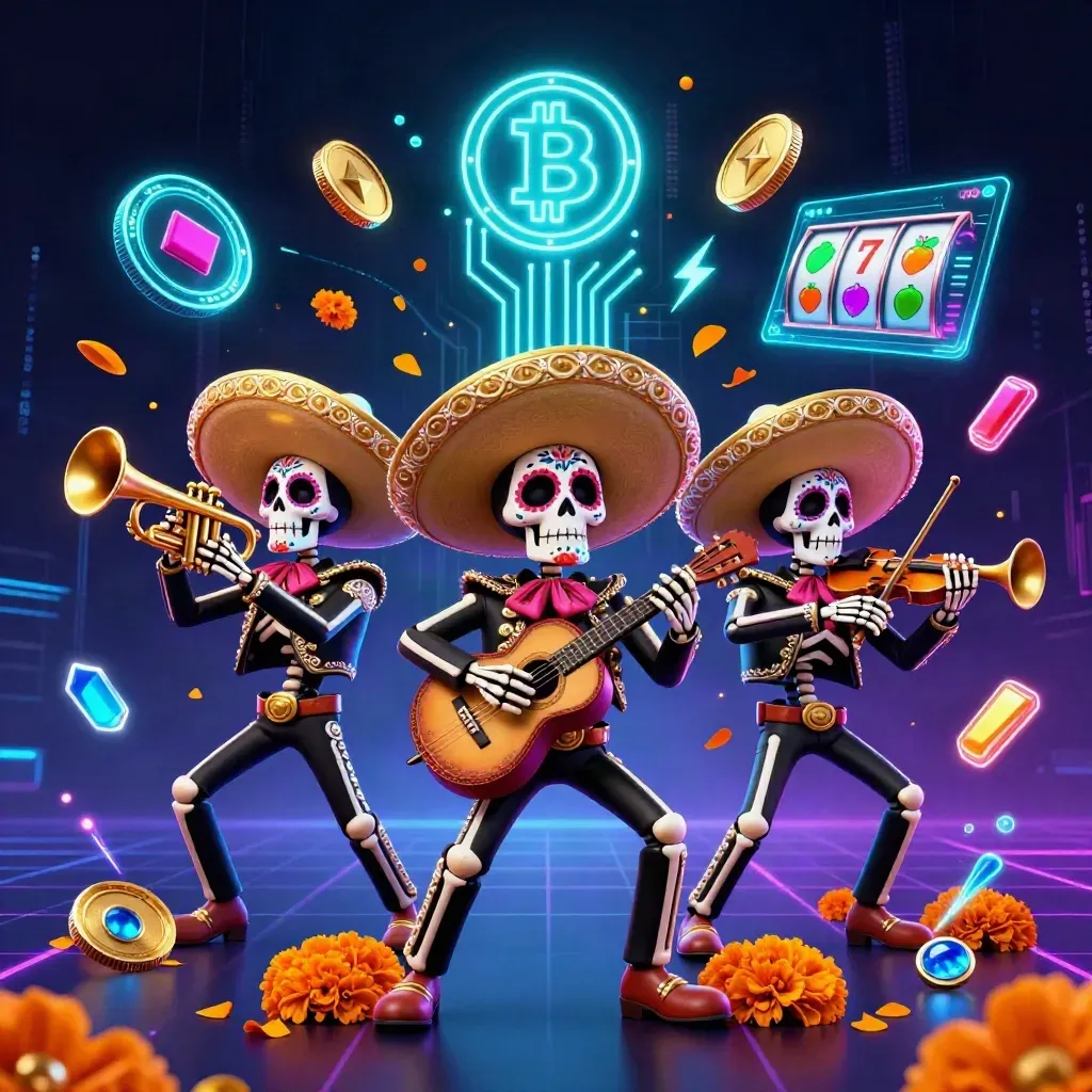 Day-of-the-Dead skeleton mariachi trio amid neon coins, slot symbols, and electric casino energy