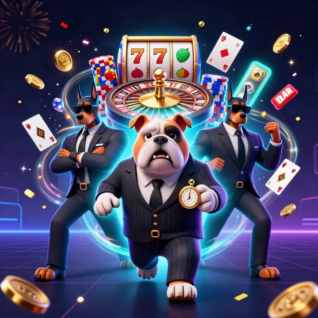 Bulldog mob boss with two Dobermans amid casino coins, chips, cards, and neon effects