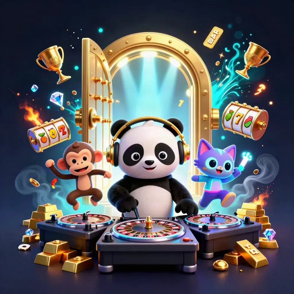 DJ panda, dancing monkey, and glow-stick kitten burst from a treasure vault in neon casino energy.