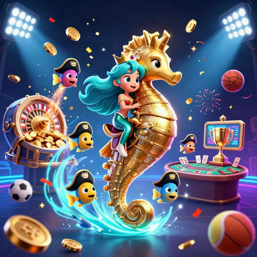 Mermaid princess on a gold-armored seahorse amid coins, fireworks, sports balls, and casino glitter.