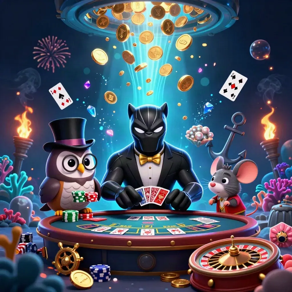 Panther, owl, and mouse in a neon casino treasure burst with coins, cards, and fireworks