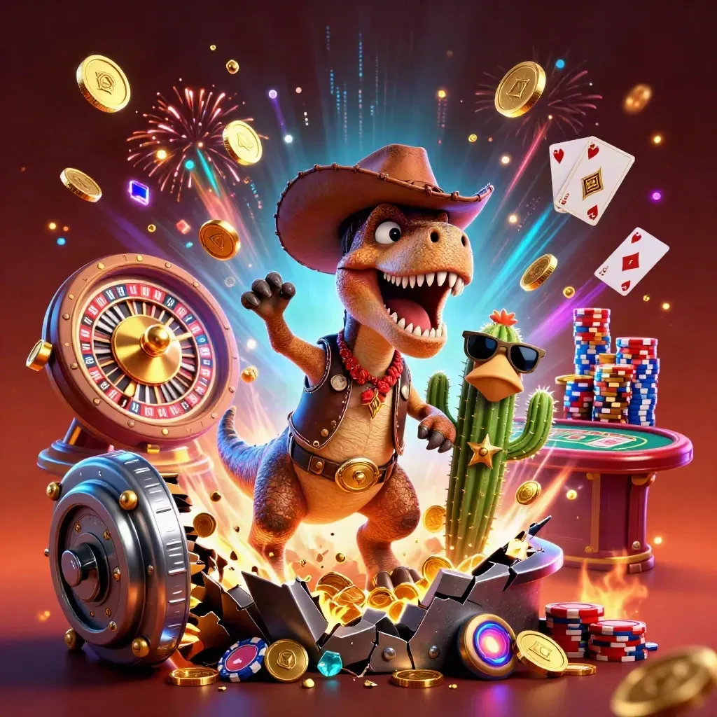 Cowboy T-Rex trio bursting through coins, chips, cards and neon casino energy