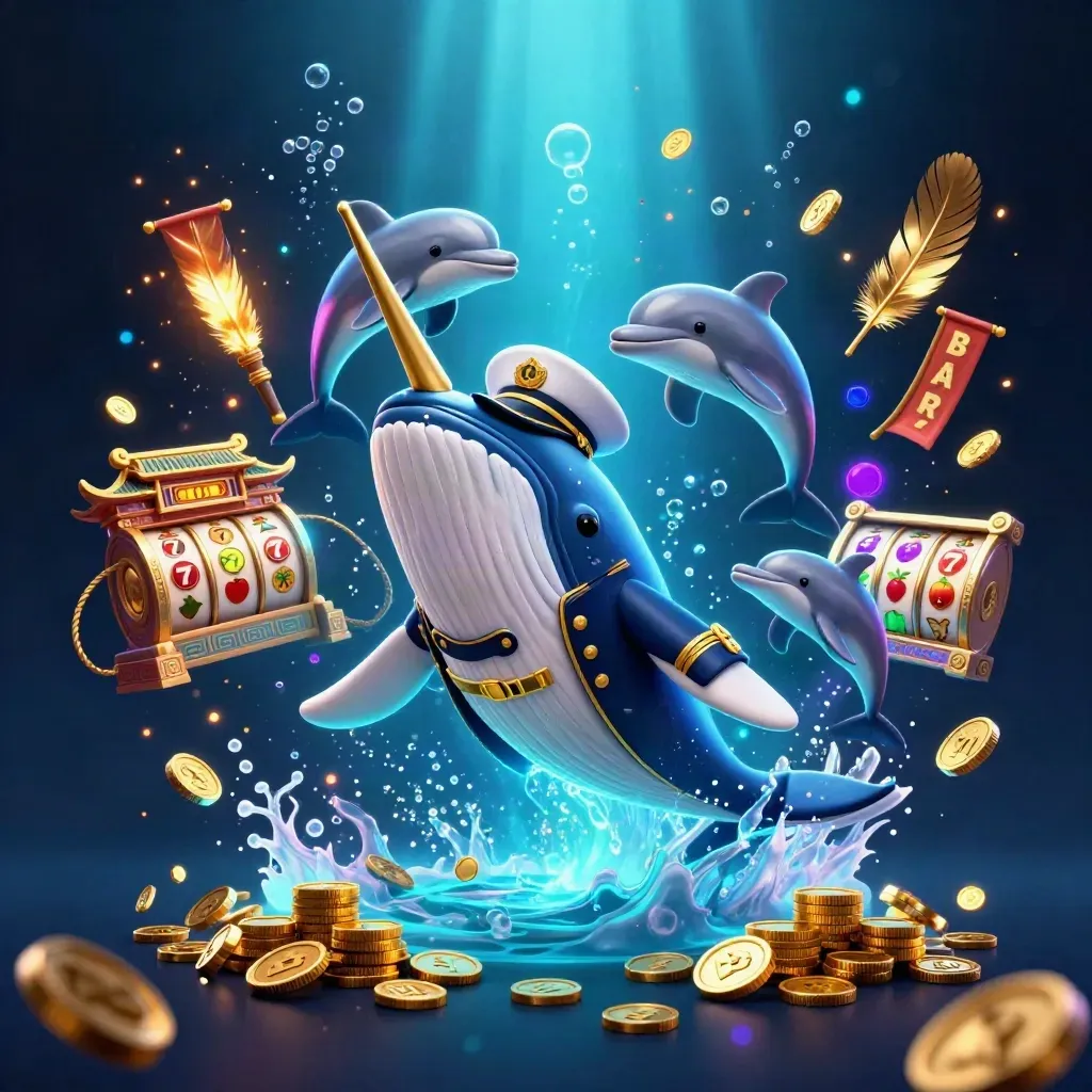 Cartoon whale captain, narwhal and dolphins burst through gold coins in a neon casino splash scene.