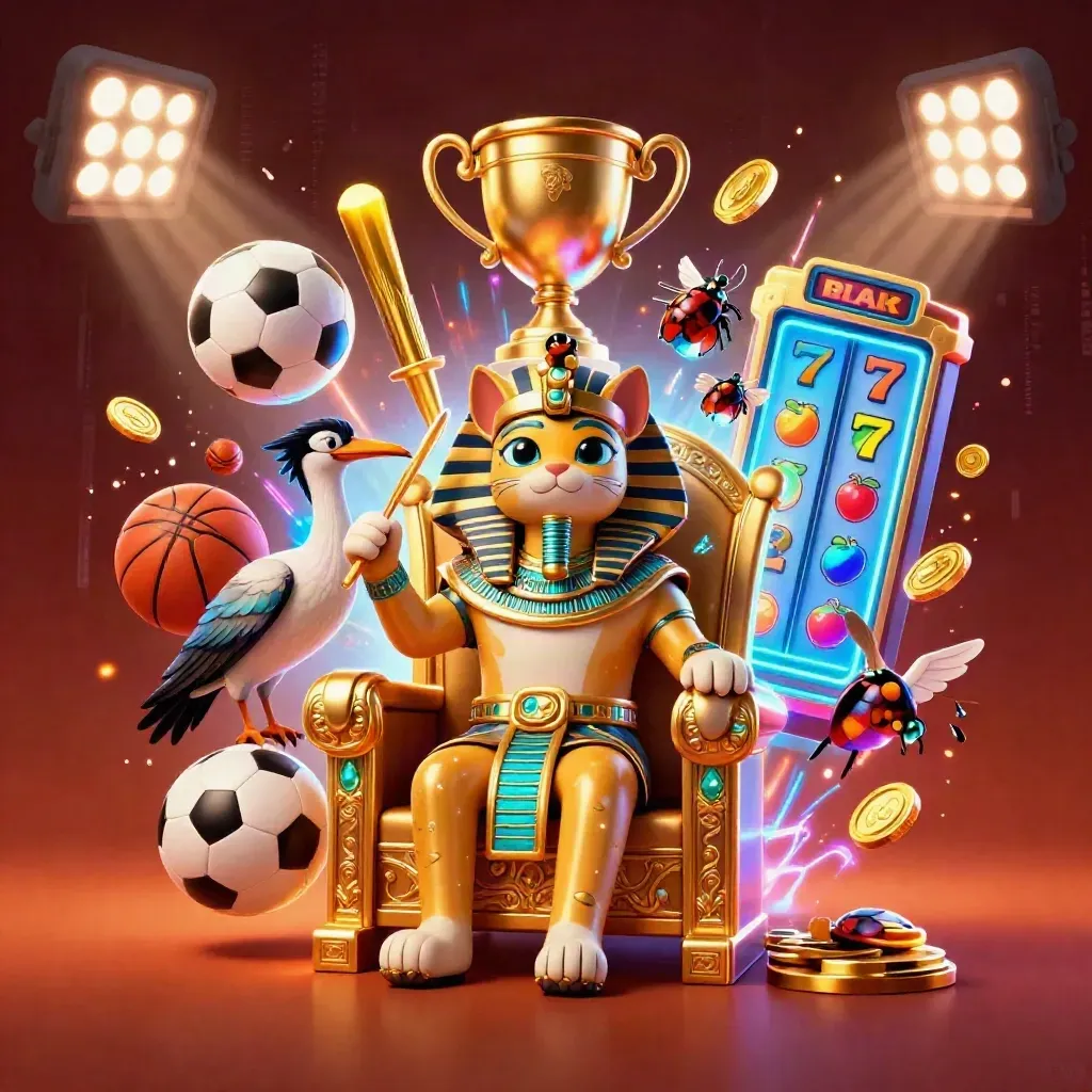Pharaoh cat on a gold throne with an ibis scribe, scarabs, and casino props in neon glow