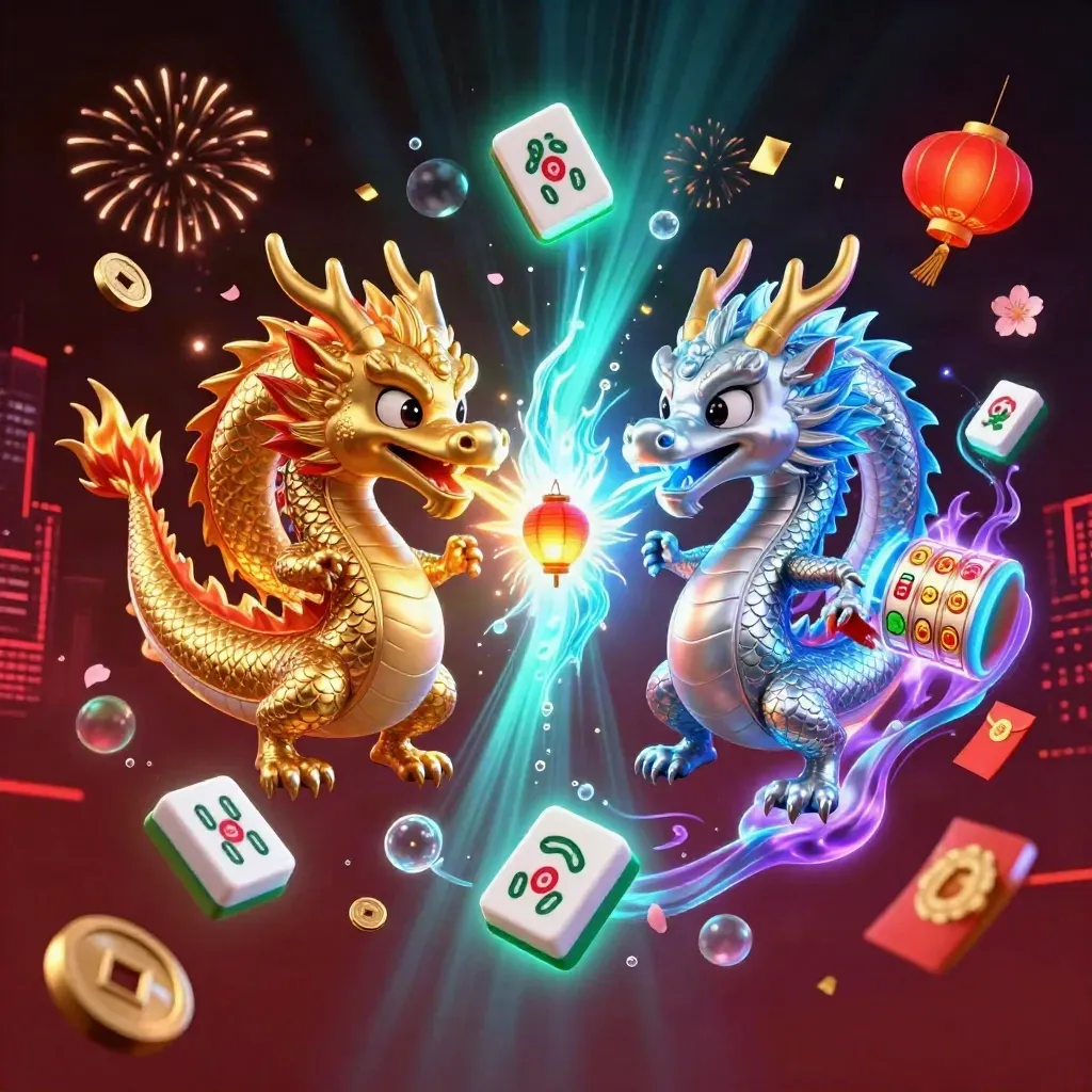 Gold and silver dragons circle a lantern spirit amid neon casino symbols and glowing fireworks