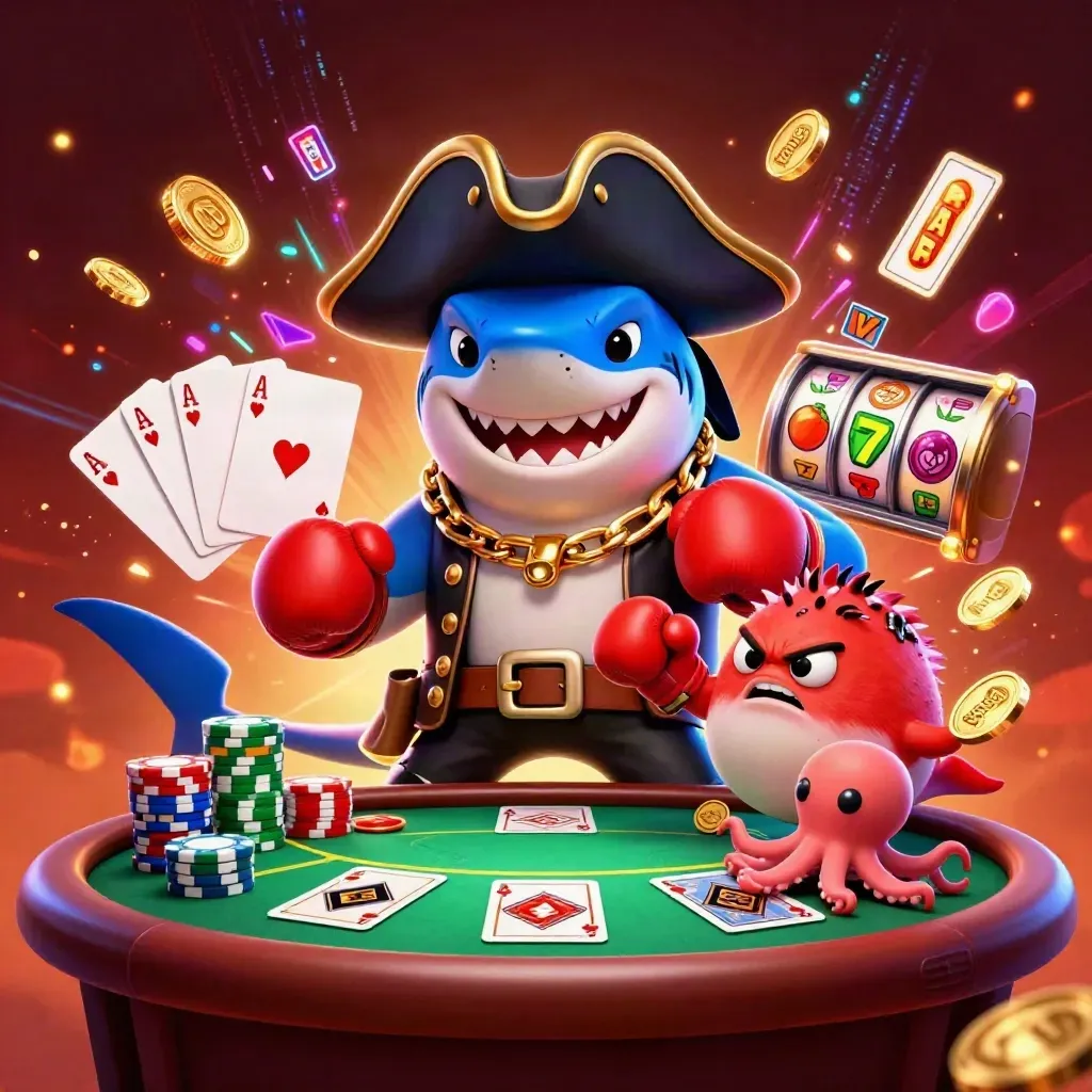 Pirate shark, boxing pufferfish and coin-juggling octopus amid neon casino props and ember glow.