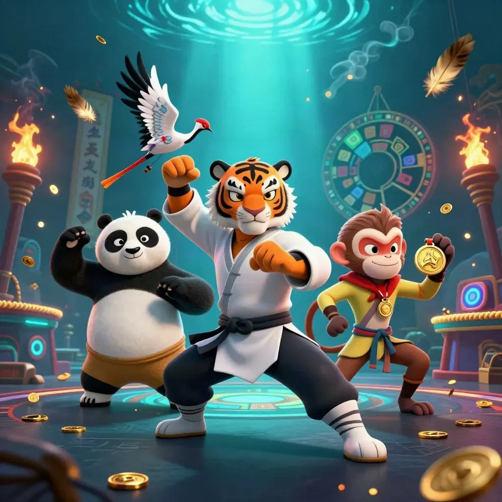 Tiger, panda, and monkey in a neon casino fight scene with coins, cards, and temple lights.