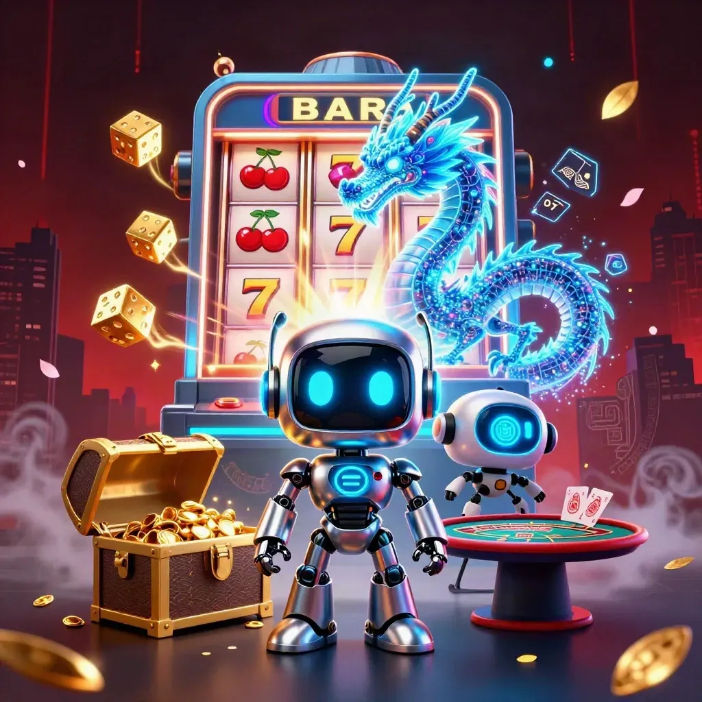 Cyberpunk robot, holographic dragon and coin drone amid exploding slot jackpots and neon casino gold.