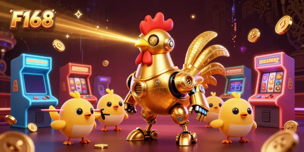 F168's exciting golden rooster robot character entertaining with vibrant casino games.