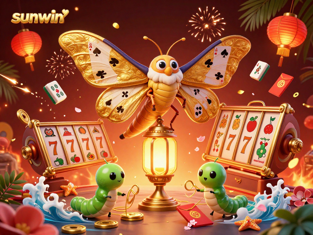 Engage with sunwin's thrilling slots scene featuring a detailed 3D moth and vibrant casino elements.