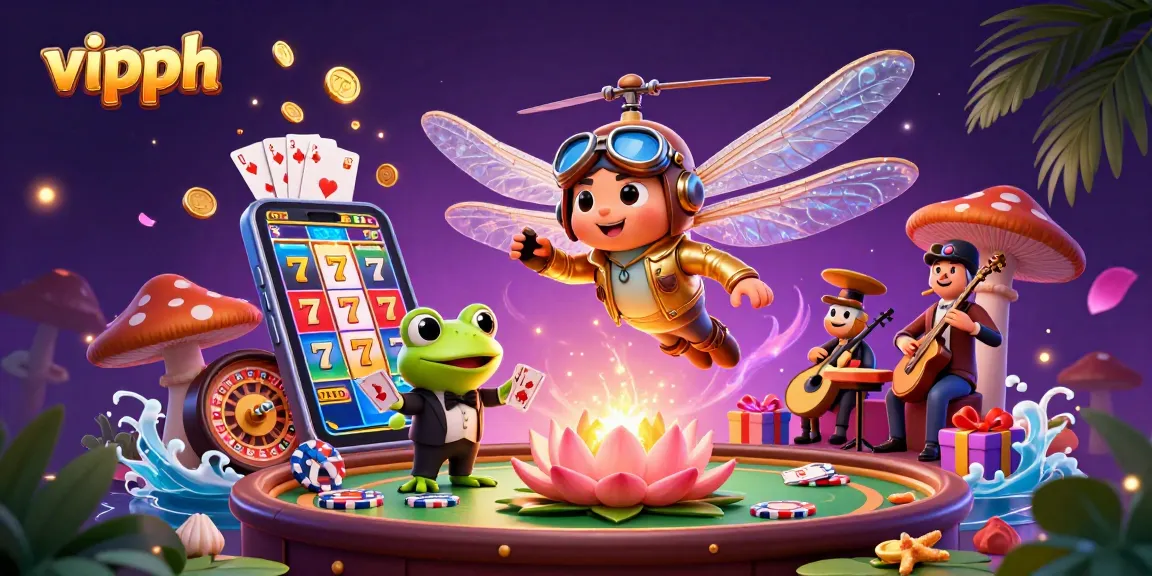 Experience thrilling gaming at vipph with a dragonfly pilot overseeing a vibrant lily pad casino scene.
