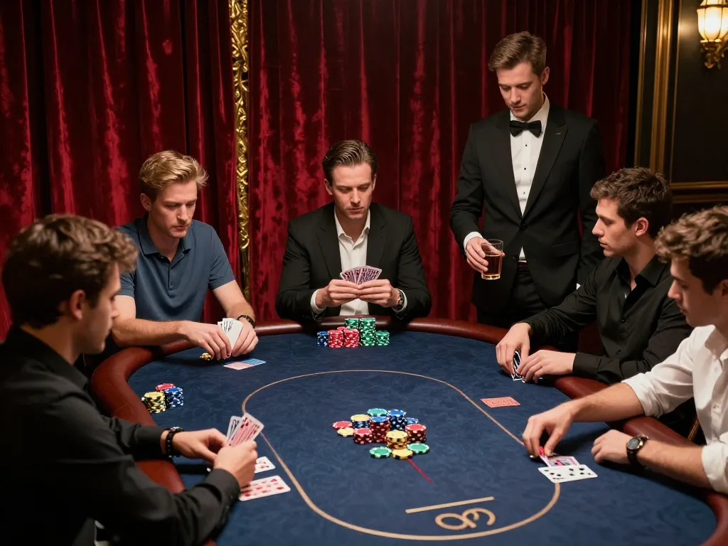 Engaged players at a高額桌 at 壹發娛樂, analyzing their hands in a luxury setting.
