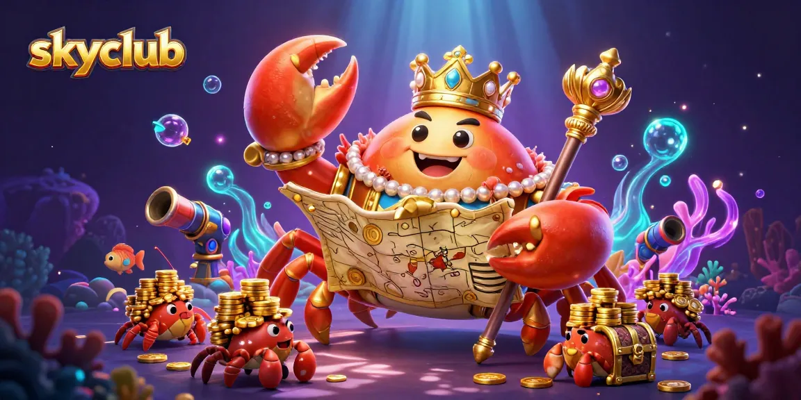 Catching big wins at skyclub with a 3D golden crab ruler and vibrant gambling elements.