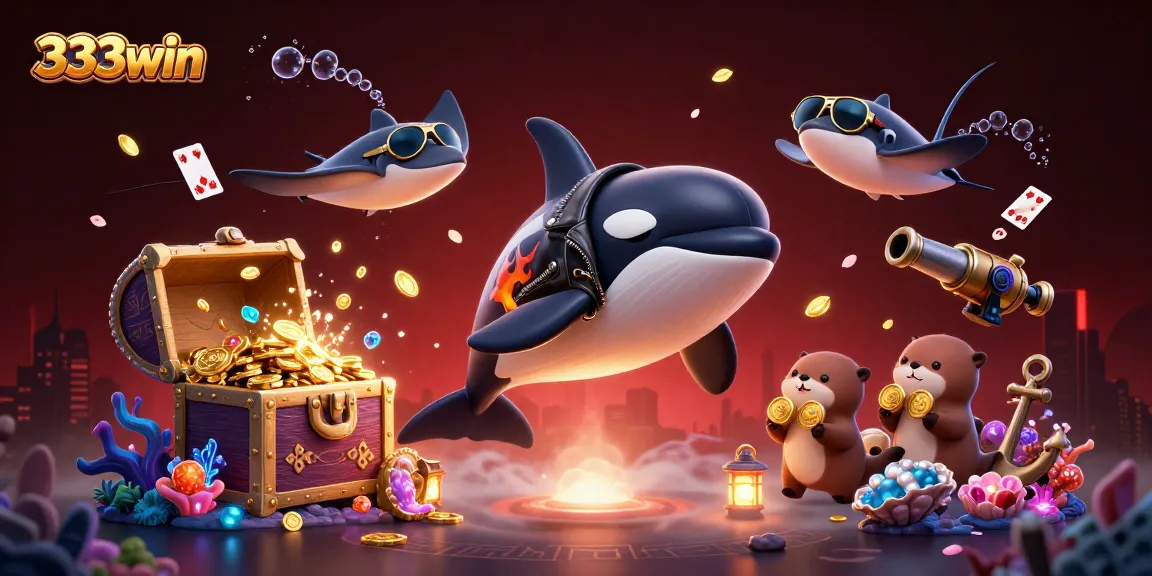 Join the fun at 333win with a vibrant underwater scene featuring sea creatures and gold treasures.