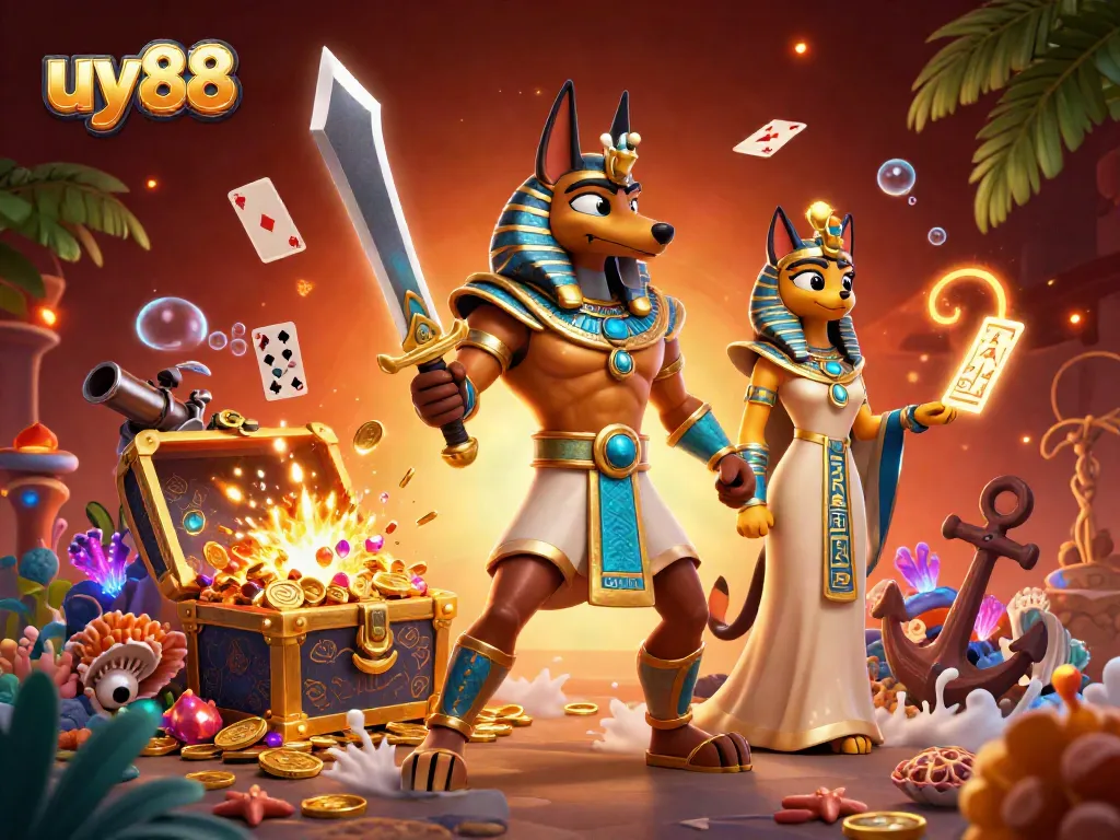 Experience the thrills of uy88 with Anubis and Bastet in a vibrant underwater casino world.