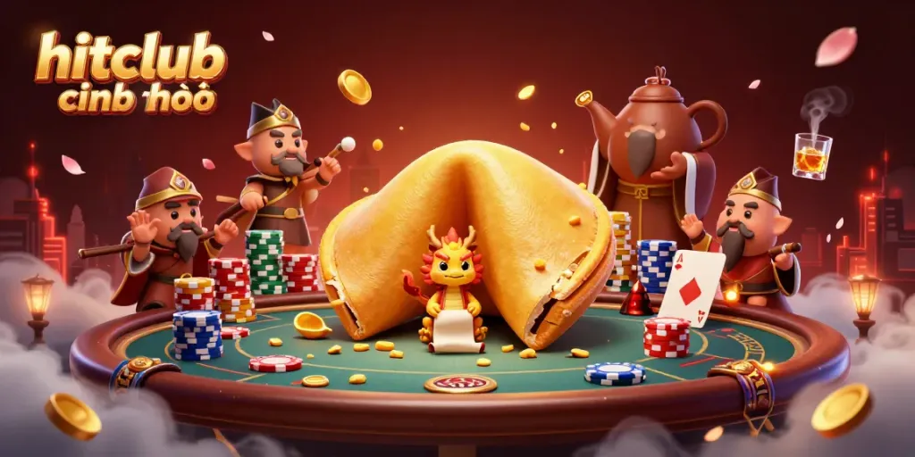 Hitclub chính chủ showcases a vibrant casino scene with a golden fortune cookie and dragon amid a lively poker table.