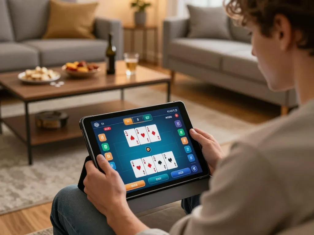 Engaging in poker gameplay at home using okfun app on tablet, showcasing strategy and comfort.