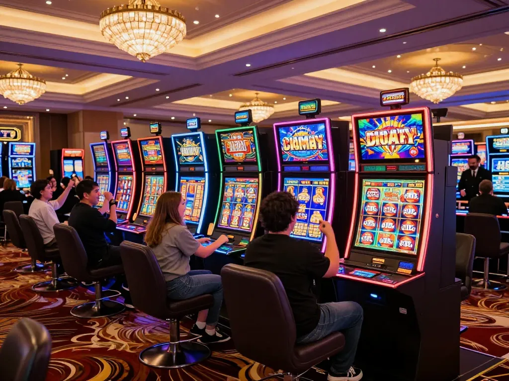 Players winning jackpots on vibrant slot machines at 789club, showcasing excitement and entertainment.