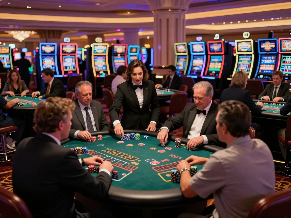 NoHu gamblers strategizing at blackjack tables, vibrant neon lights illuminating the lively casino.