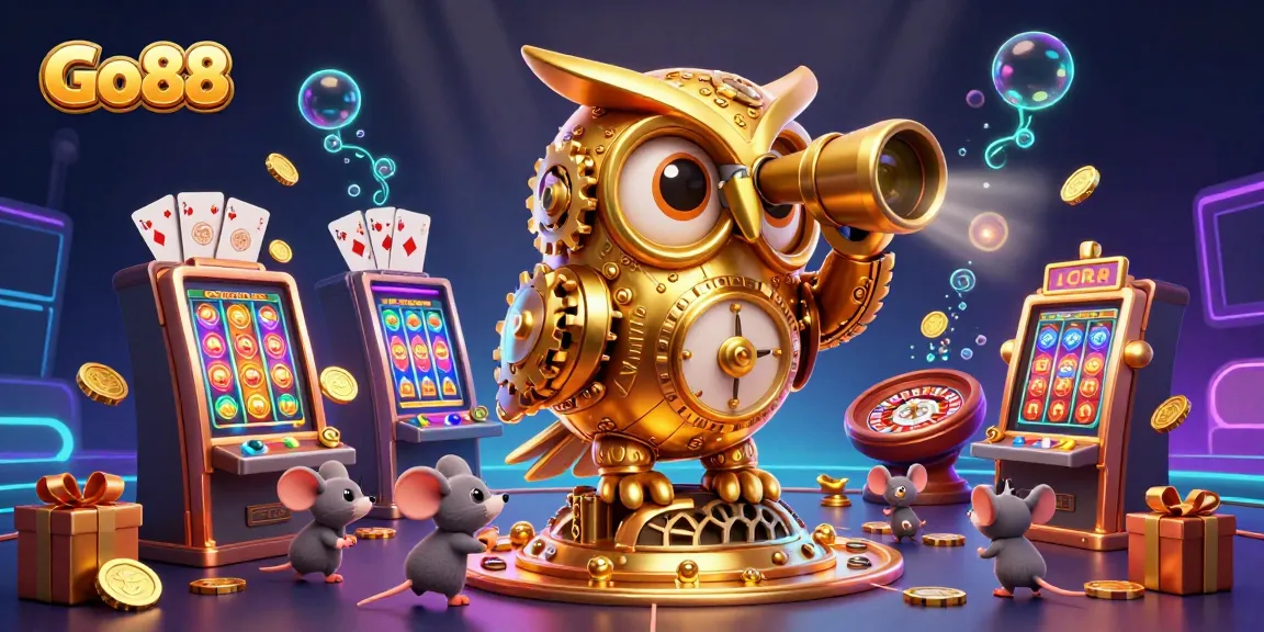 Experience thrilling gameplay at Go88 with a golden owl surveying dynamic casino action.