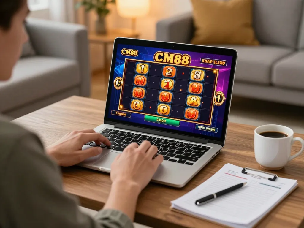 Player enjoying a slot game on CM88SM in cozy home setup, showcasing responsible gaming.