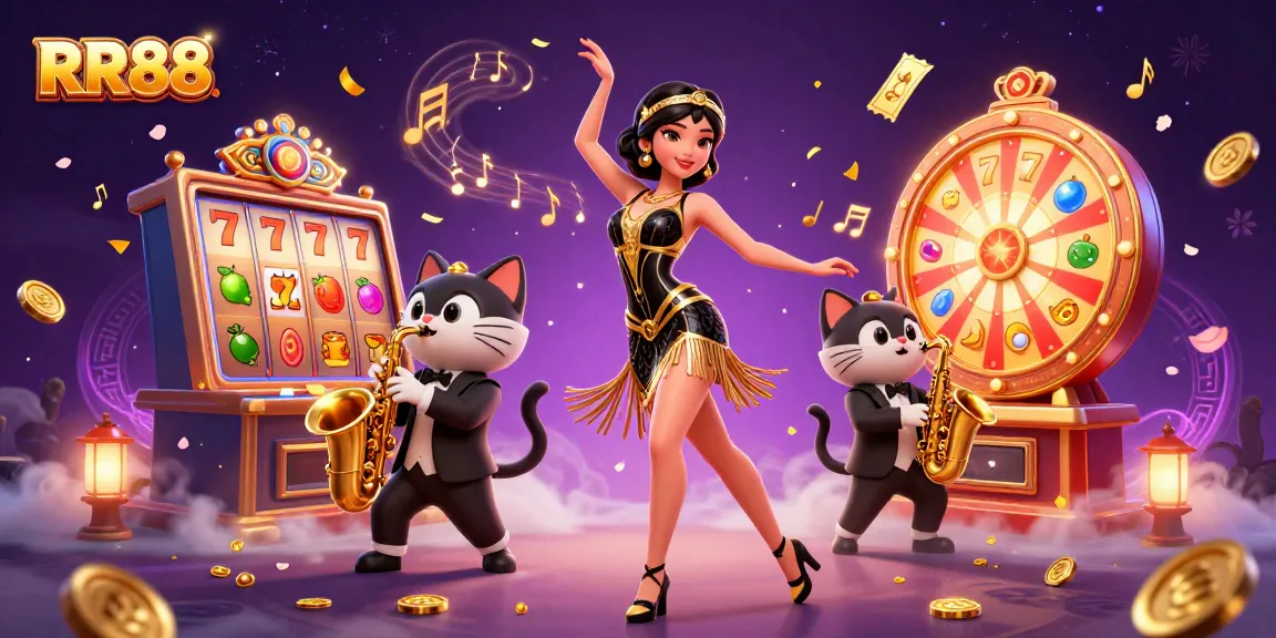 Experience the thrill of RR88 with a stunning casino celebration featuring slot reels, lucky symbols, and a dancing figure.