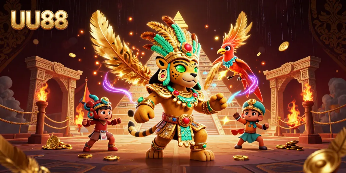 UU88 players engaging in dynamic casino adventures with a Mayan backdrop and golden treasures.