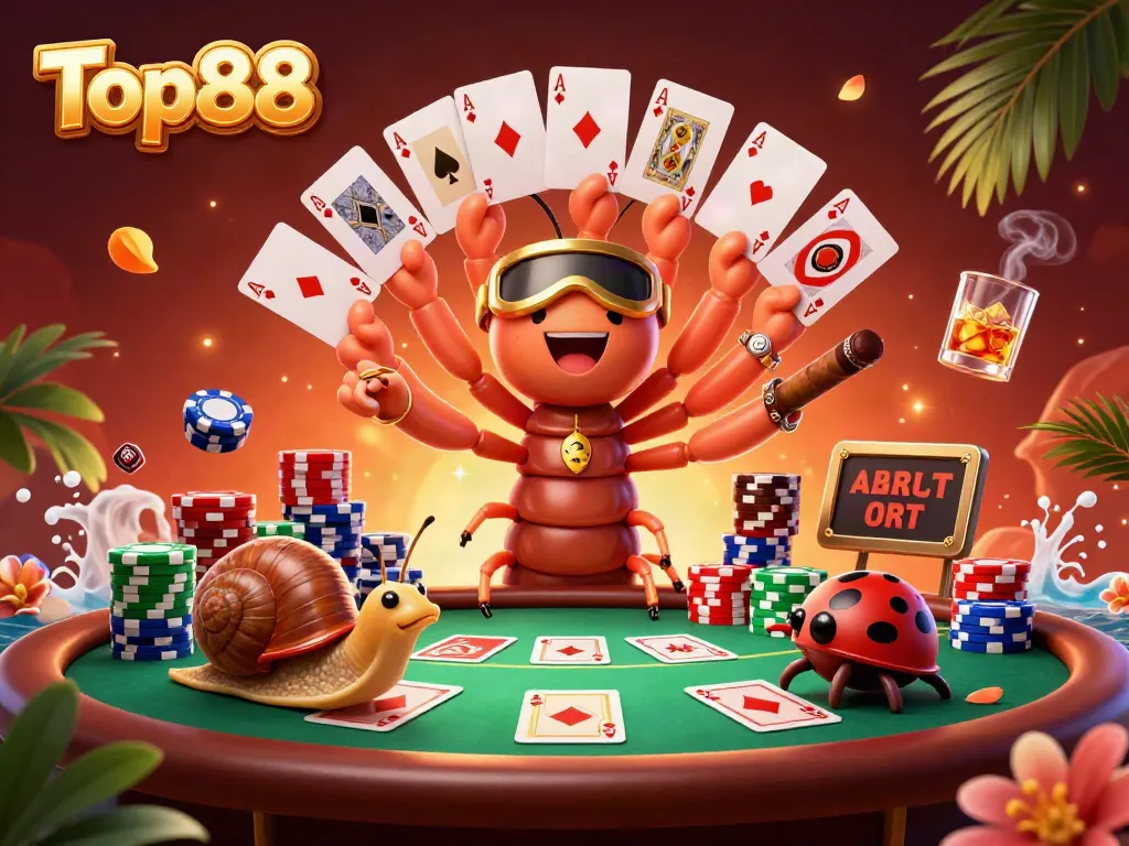 Experience the excitement at Top88 with our vibrant casino scene featuring lively 3D cartoon characters and poker elements.