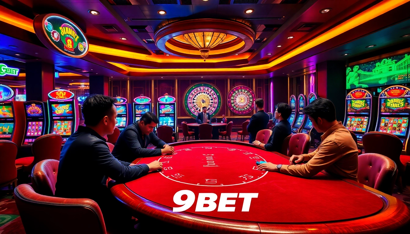 Players enjoying a thrilling poker game with 9BET at a luxurious casino table.