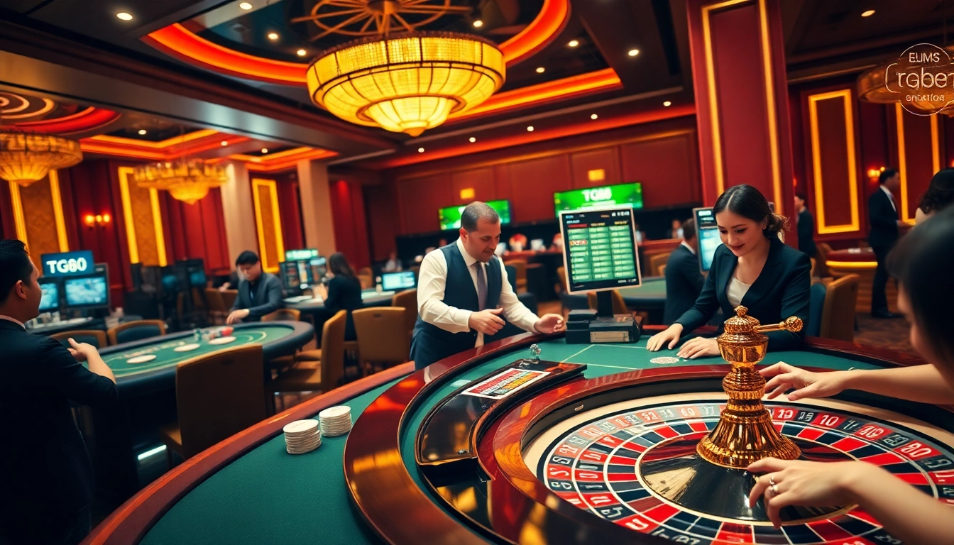 Exciting gambling action at TG88 casino with professional dealers and vibrant casino elements.