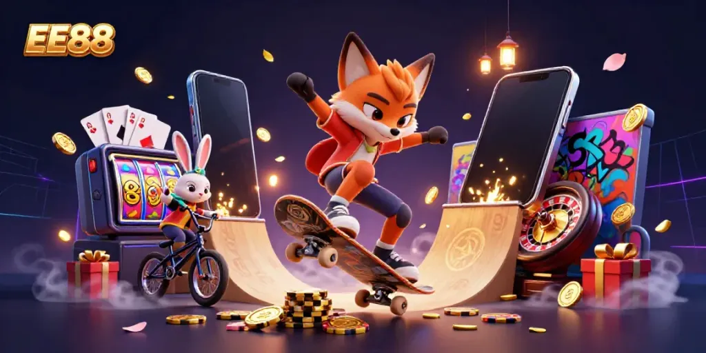 EE88 fox and rabbit performing tricks in a vibrant casino-themed 3D illustration.
