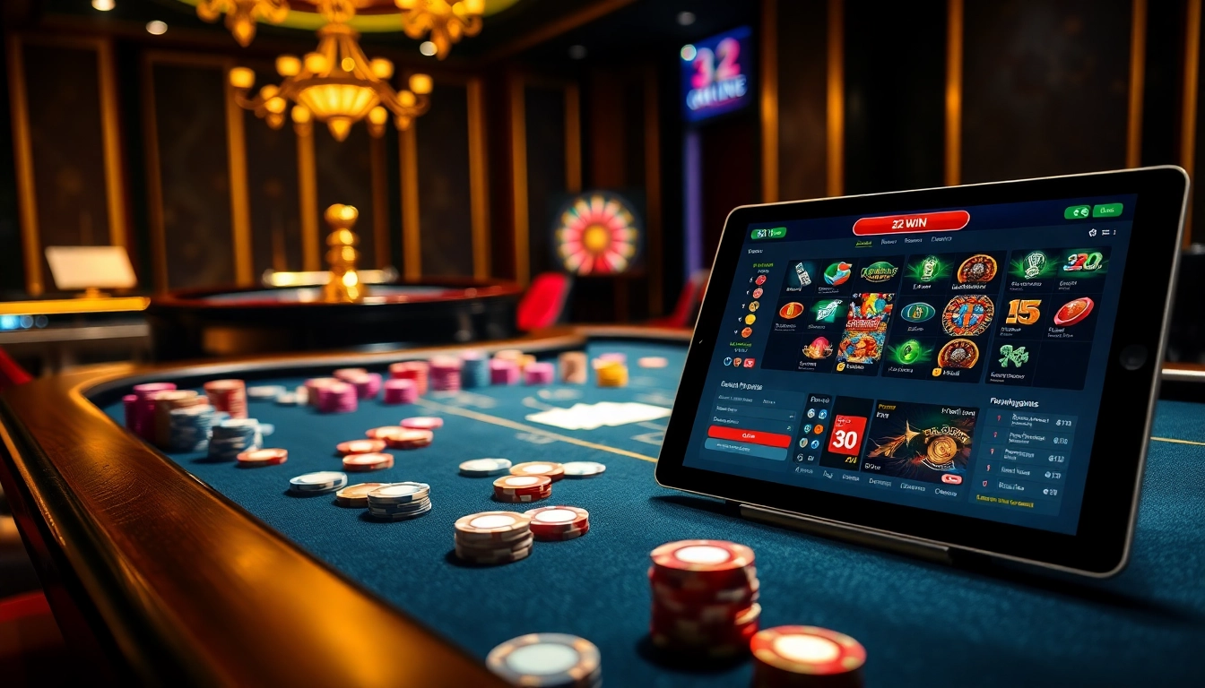 Experience the excitement of 32 WIN at a vibrant casino table filled with poker chips and cards.