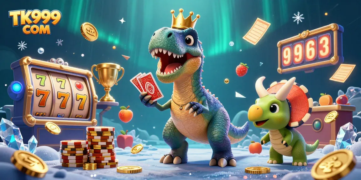 Engage with TK999 COM fun through a vibrant illustration of cartoon characters enjoying slot games.
