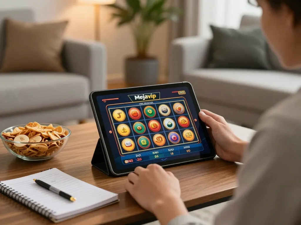 Bermain mejavip slot online di tablet dalam lingkungan rumah yang nyaman, menunjukkan pendekatan strategis terhadap perjudian online.