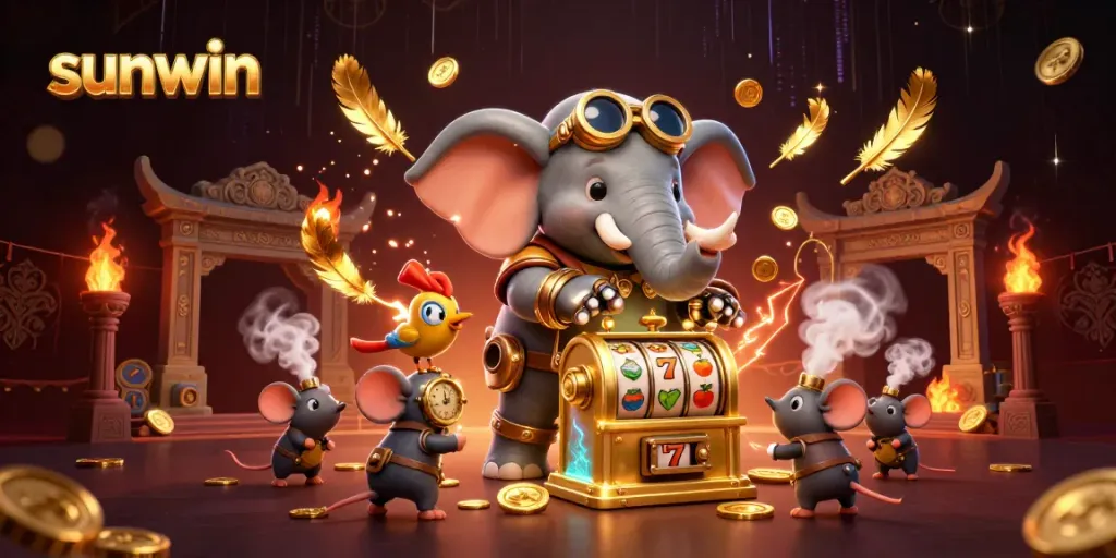 Experience thrilling gameplay with sunwin's lively casino scene featuring a steampunk elephant and slot machine.