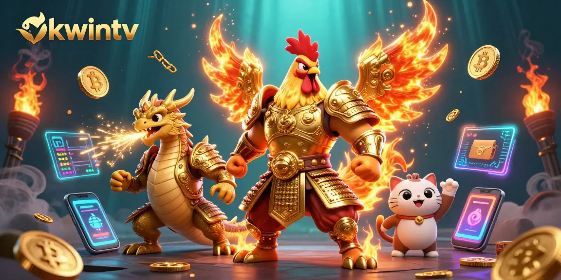 Boost your gameplay with okwintv's features, featuring a powerful rooster warrior amidst vibrant casino elements.
