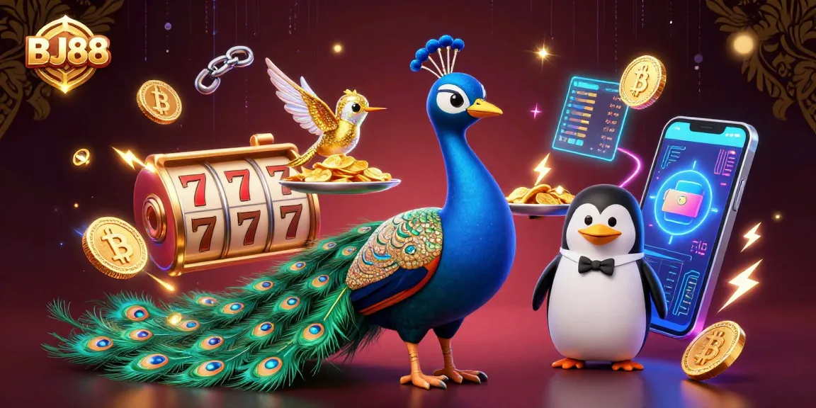 Elevate your gaming at BJ88 with vibrant slots and golden chips in a captivating casino scene.