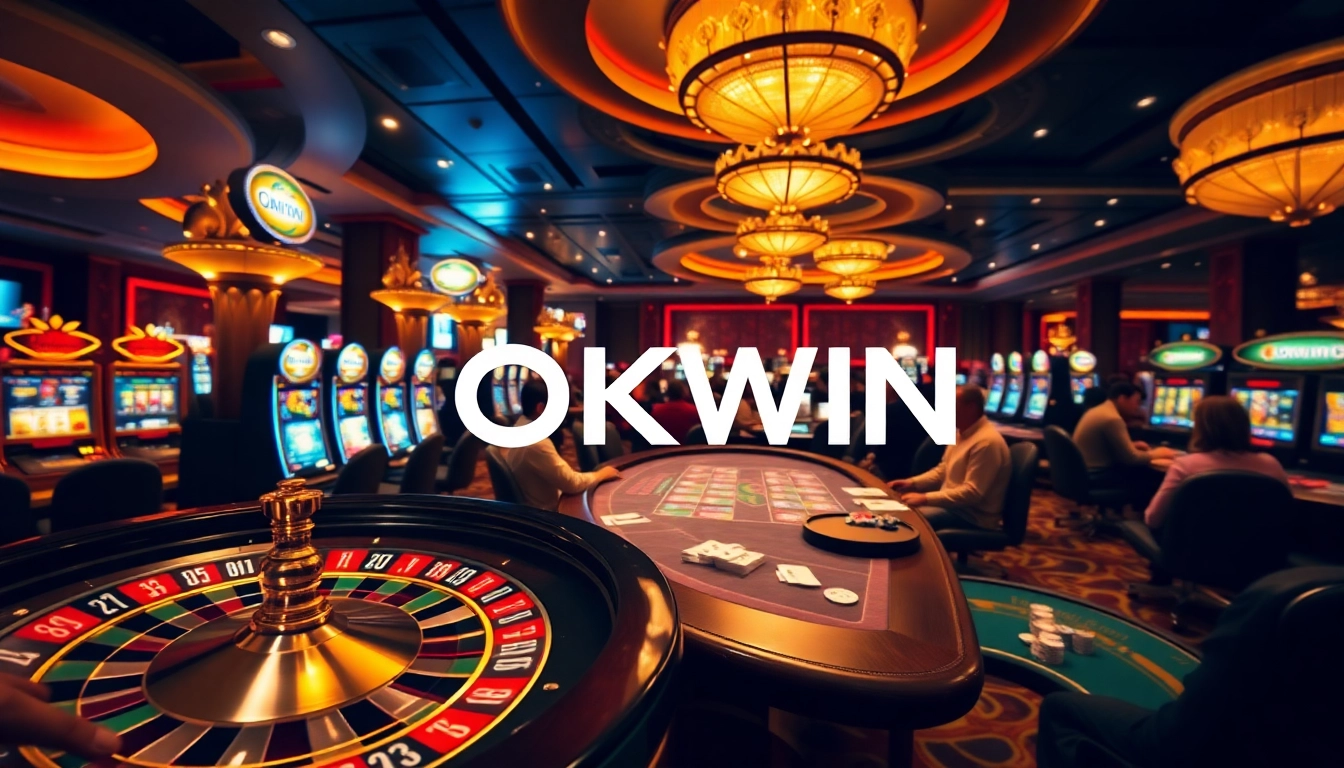 Engage in thrilling gambling action at OKWIN casino, featuring vibrant tables and exciting slot machines.